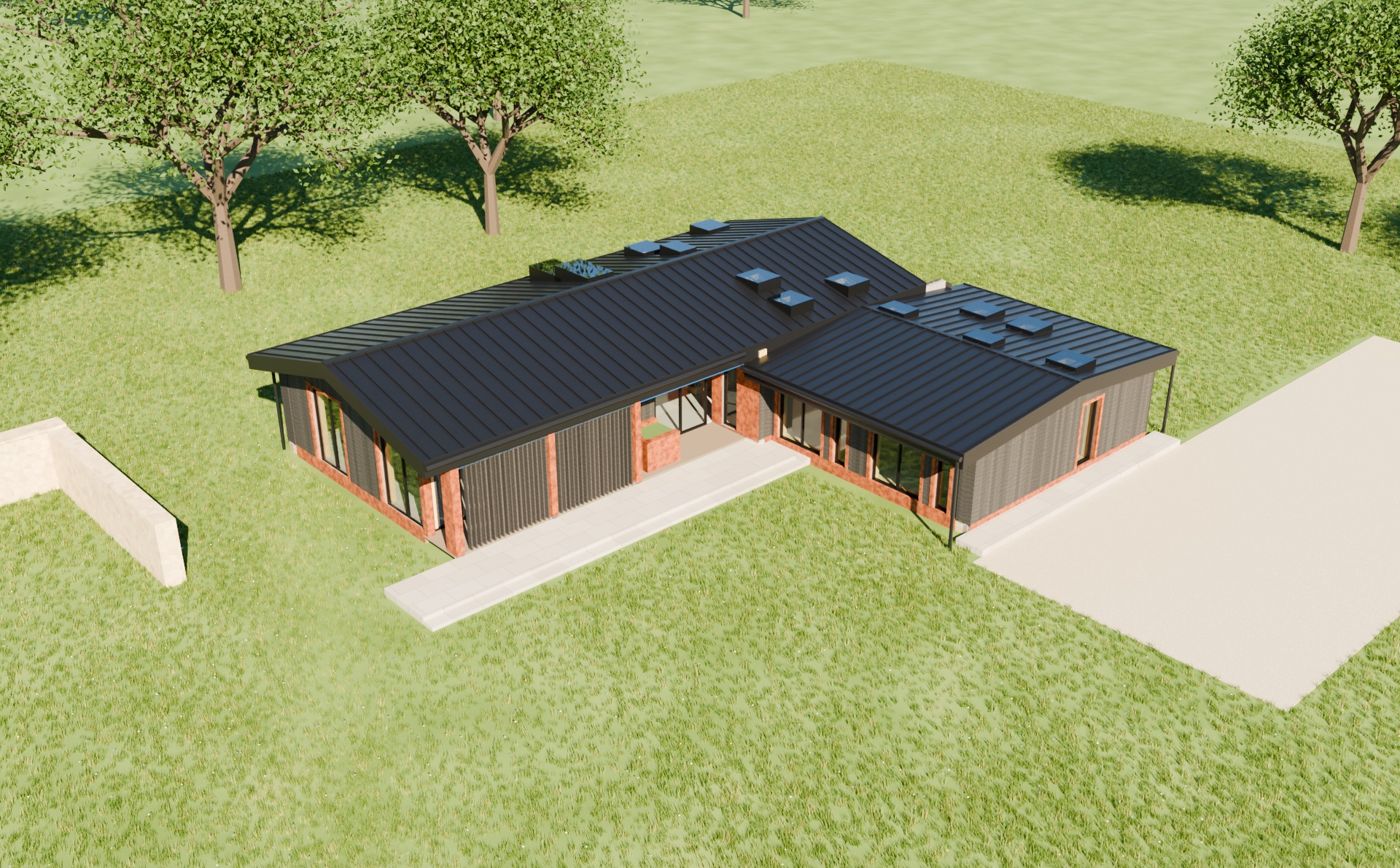 Aerial render of the barn conversion at weathertight stage